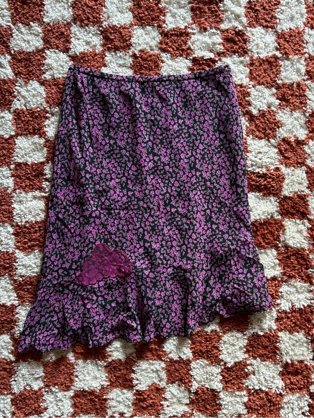 Asymmetric Purple Floral Ruffle-Hem Midi Skirt